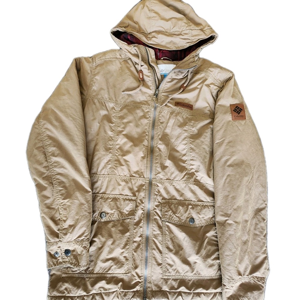 Columbia Mens M Hooded‎ Jacket Tan Plaid Lined Full Zip Outdoor Hiking Camping